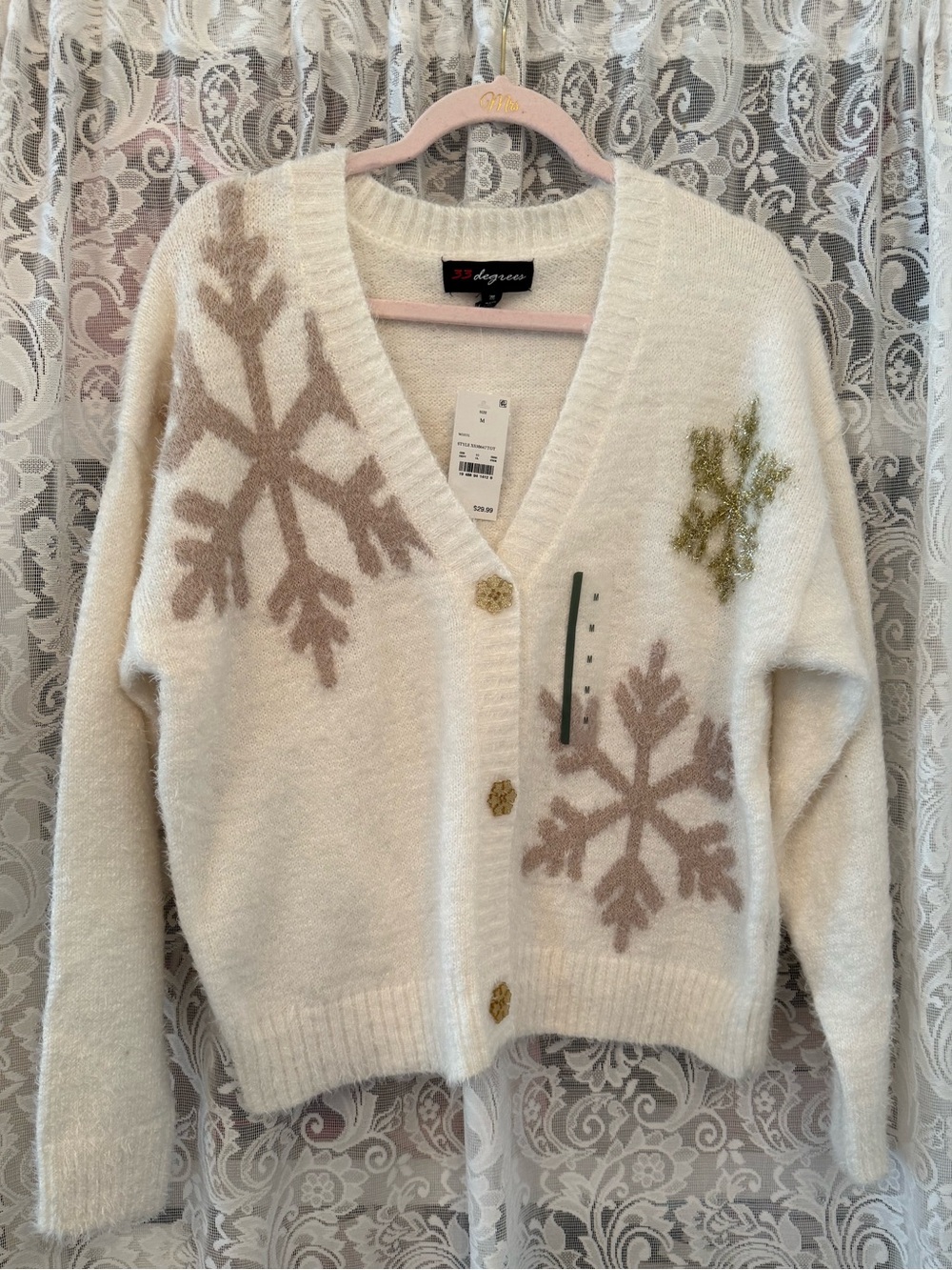 33 Degrees Cream Snowflake Cardigan Sweater